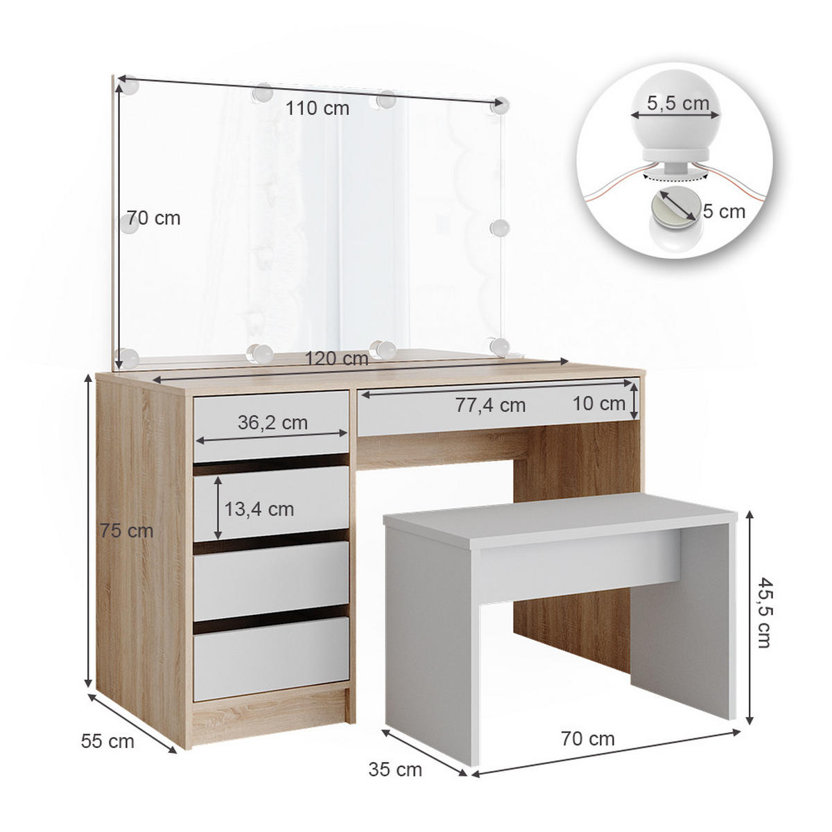 SCHMINKTISCH Sherry Weiß/Sonoma 120 cm mit LED Beleuchtung und Bank - Weiß/Sonoma Eiche, Holzwerkstoff (55/75/120cm) - Vicco