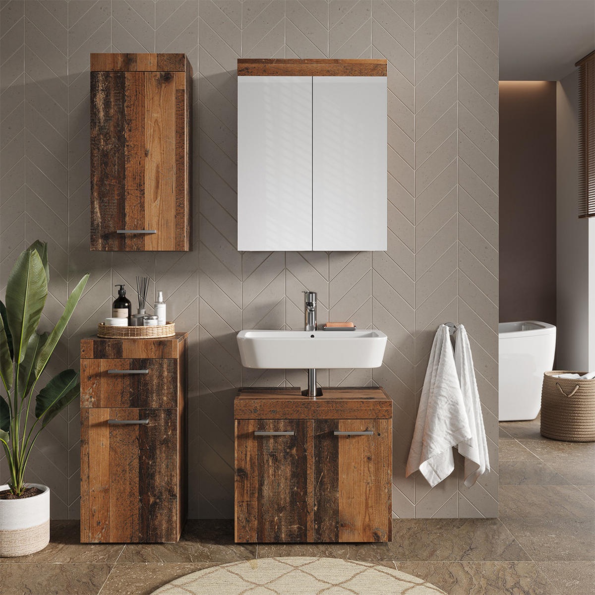 BADMÖBEL-SET Luna Oldstyle 4 Teile - Braun, Holzwerkstoff (60/56/34cm) - Vicco