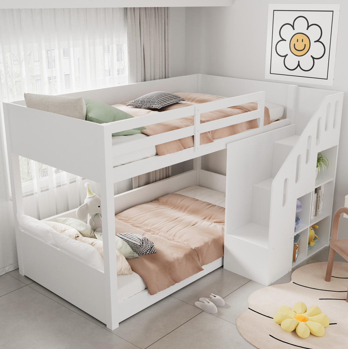 ETAGENBETT 2x 90/200 cm in Weiß mit Stauraumtreppe und Geländer - Weiß, Holz (90/200cm) - BEAOK