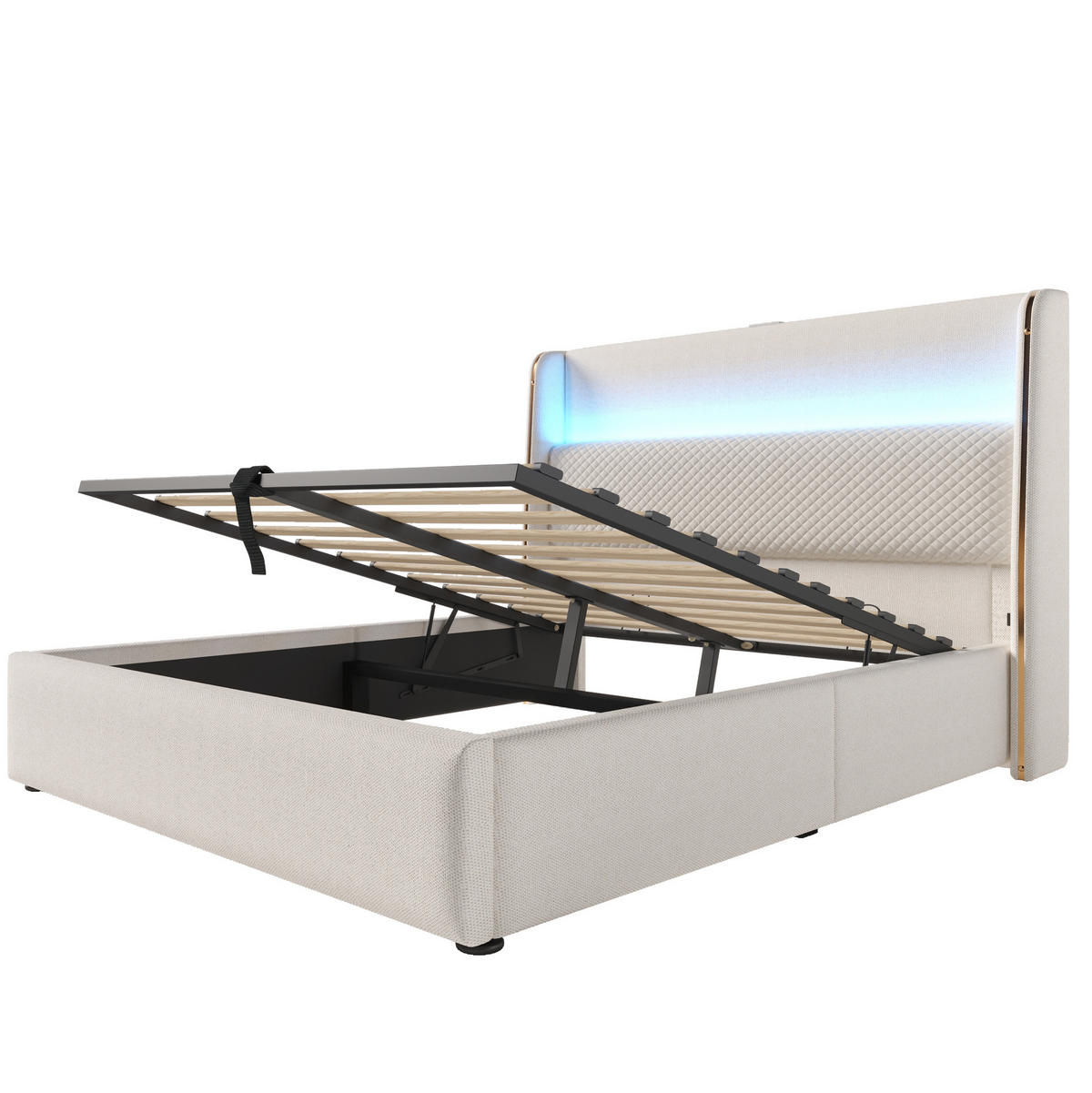 POLSTERBETT 140/200 cm Beige mit hydraulischem Stauraum und LED-Beleuchtung - Beige, Textil (140/200cm) - OKWISH