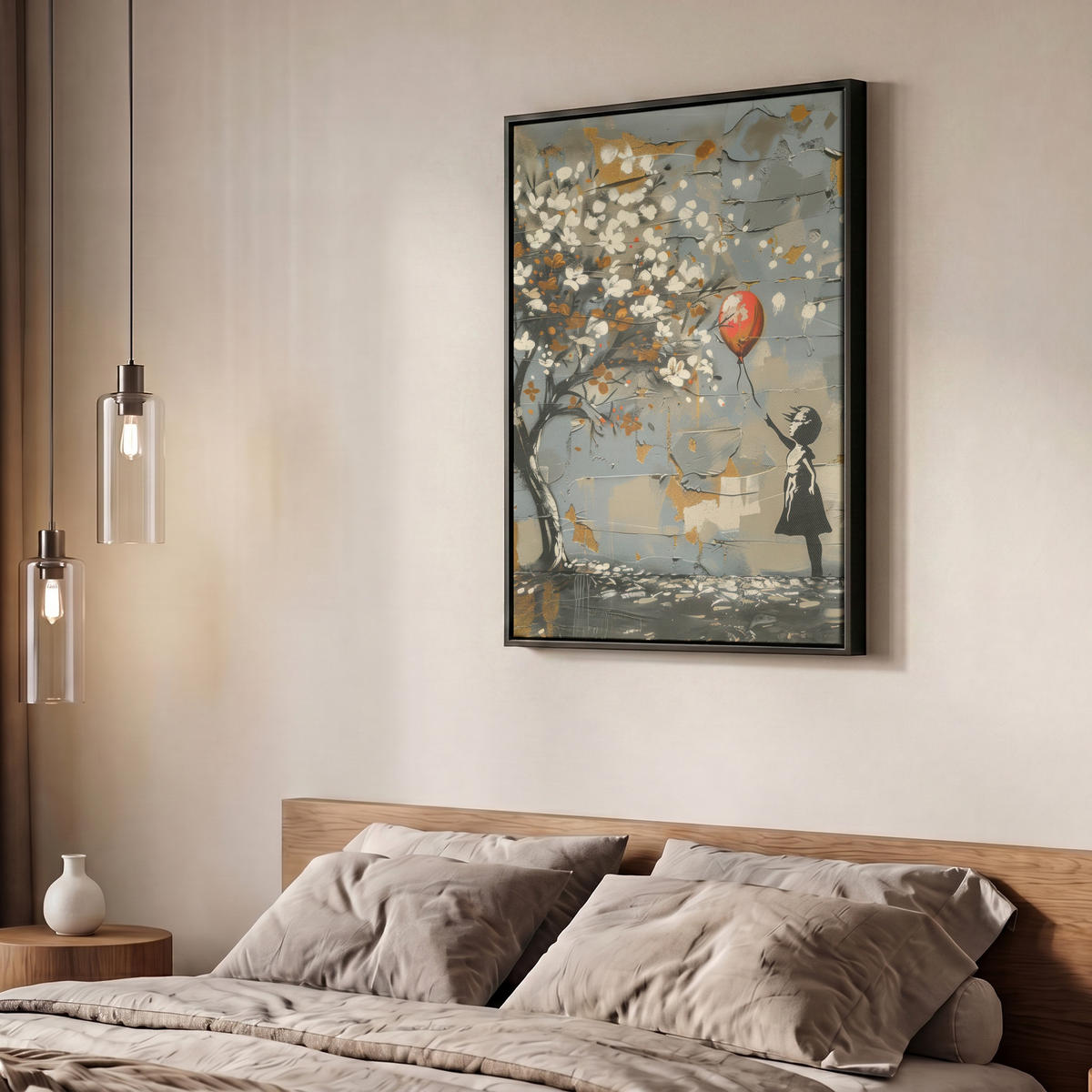 LEINWAND Bilder mit Rahmen - Baum - Graffiti - Banksy-Stil - Ballon-Mädchen - 50x70 - Blaugrau, Textil (50/70cm) - MuchoWow