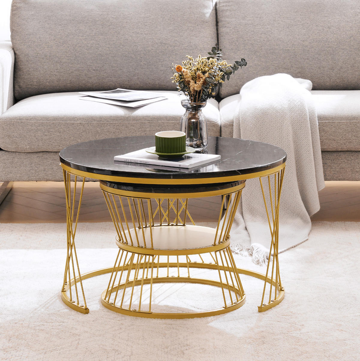 COUCHTISCH-SET aus MDF 70x70x45 cm Schwarz mit Marmormuster und goldfarbenem Metallgestell - Schwarz, Holzwerkstoff (70/70/45cm) - IVMEU