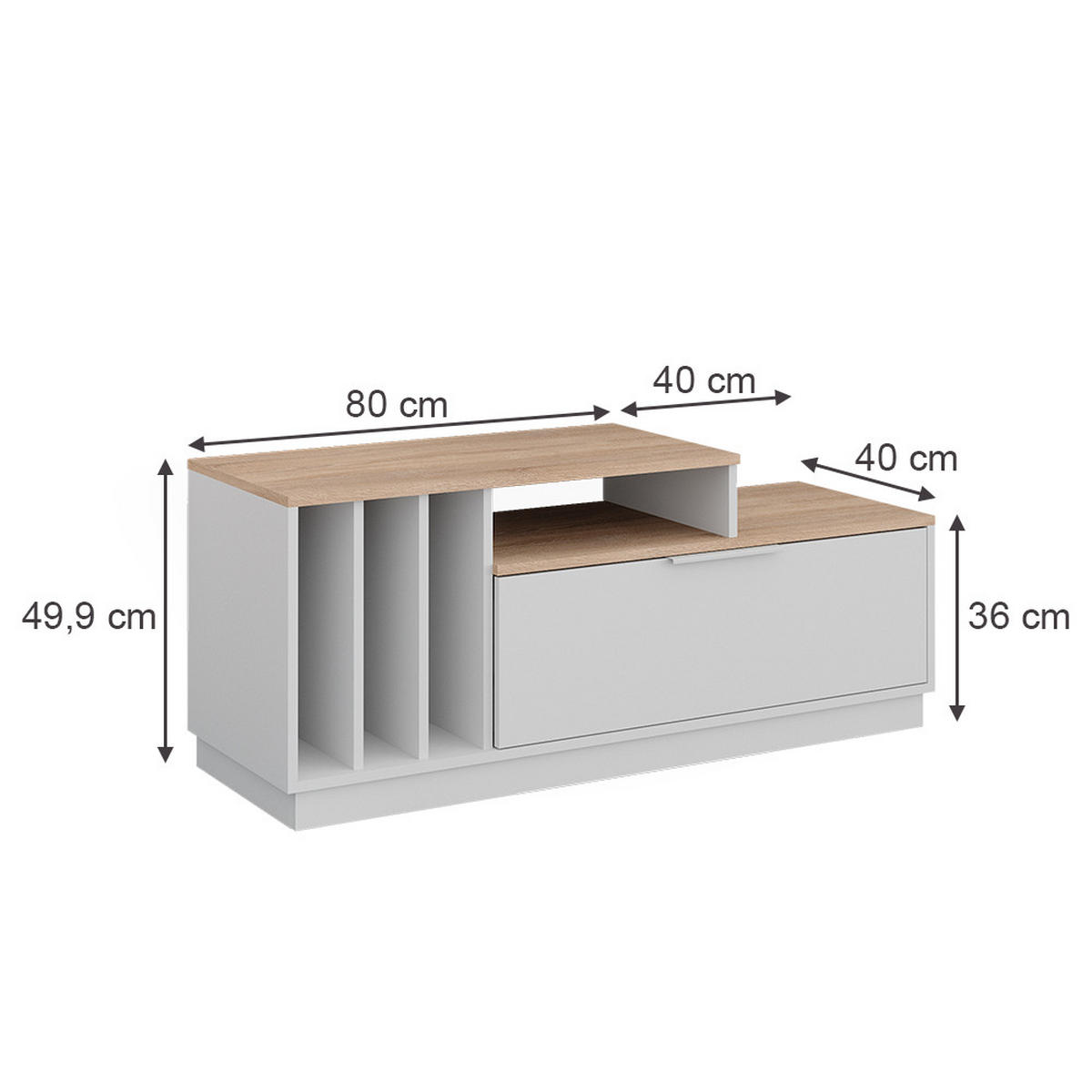 LOWBOARD Betti Weiß/Sonoma 120 x 49.9 cm mit 1 Tür - Weiß/Sonoma Eiche, Holzwerkstoff (120/49.9/40cm) - Vicco