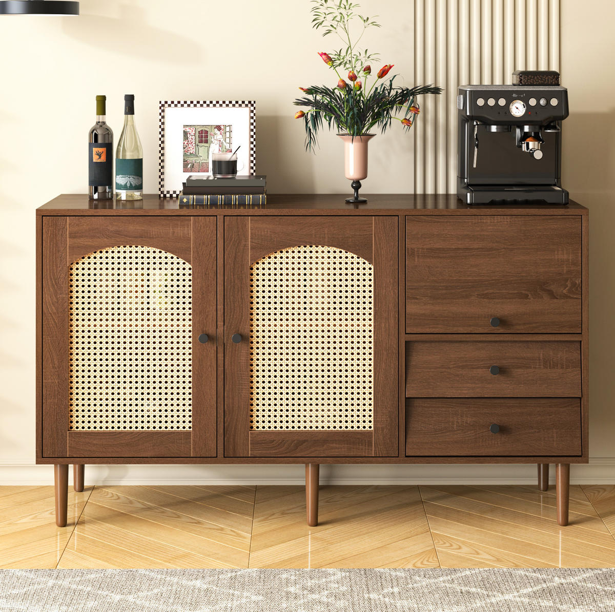 SIDEBOARD 130/40/75.5 cm Holzfarbe aus Spanplatte mit Rattantüren - Eichefarben, Holzwerkstoff (40/75.5/130cm) - OKMYHOME