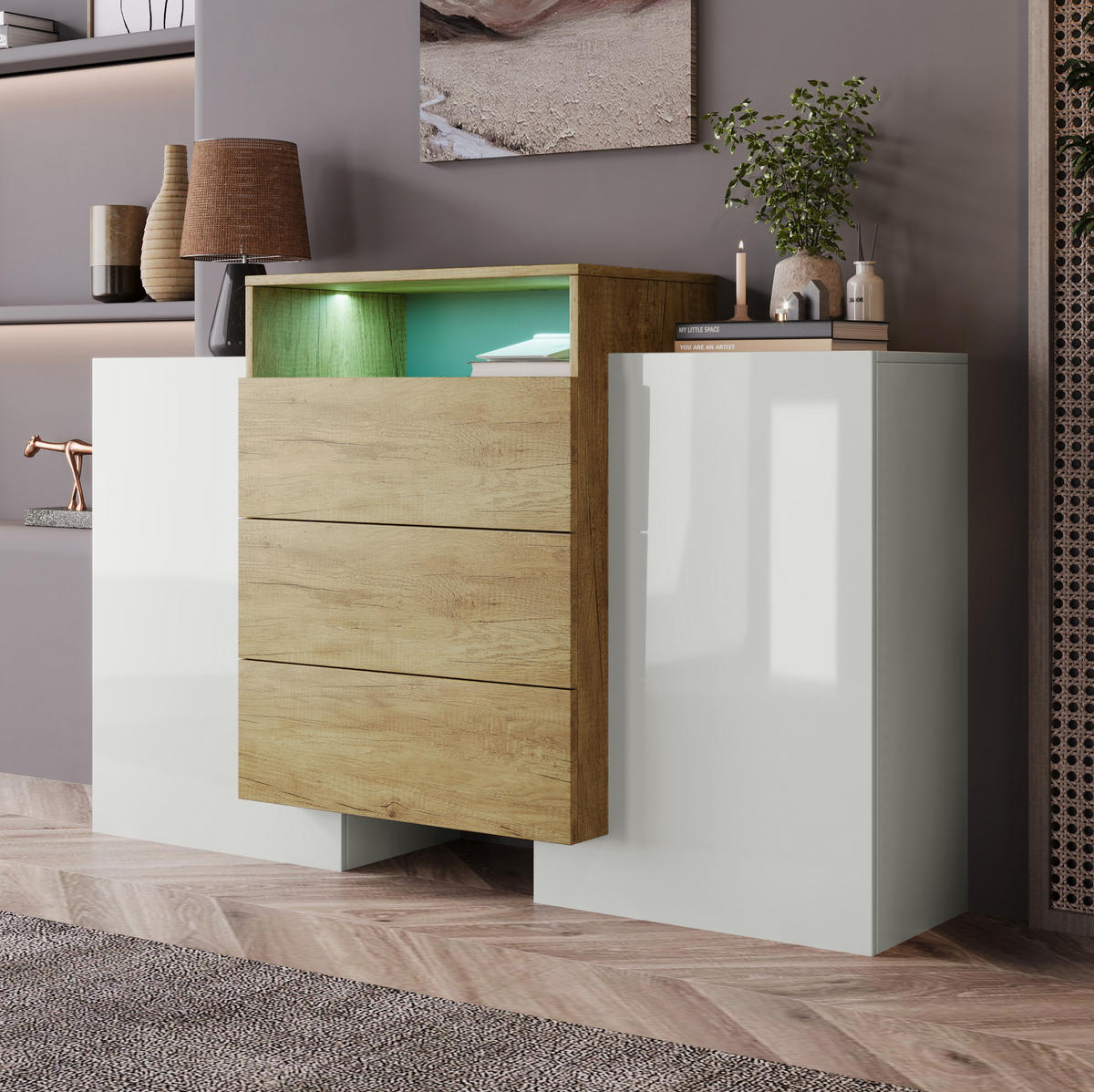 SIDEBOARD 140/30/77,5 cm Weiß/Natur aus MDF mit LED-Beleuchtung - Naturfarben, Holzwerkstoff (140/77/30cm) - OKWISH