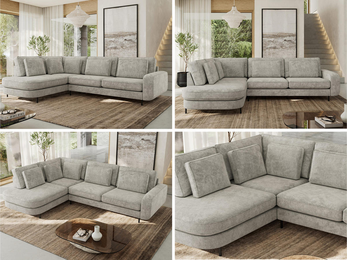 ROHOVÁ SEDAČKA CALENO L - Světle šedá hladký senil - Pravá Strana - černá/světle šedá, kov/textil (317/225cm) - MKS