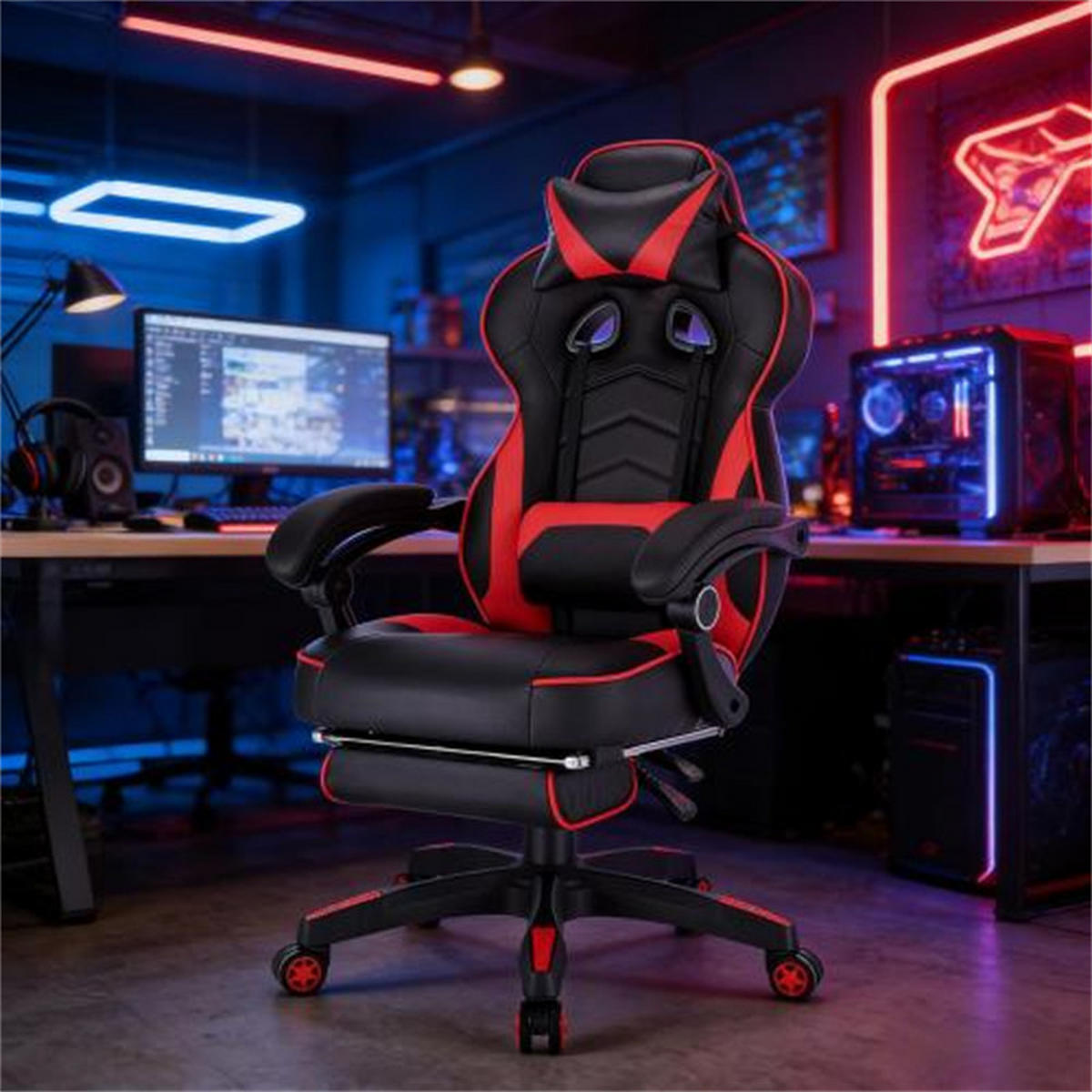 GAMINGSTUHL Ergonomisch Schwarz-Rot, höhenverstellbar & drehbar, Metall-Leder-Bezug, 70 x 46 x 128 cm - Rot, Metall (70/128/46cm) - Albatros