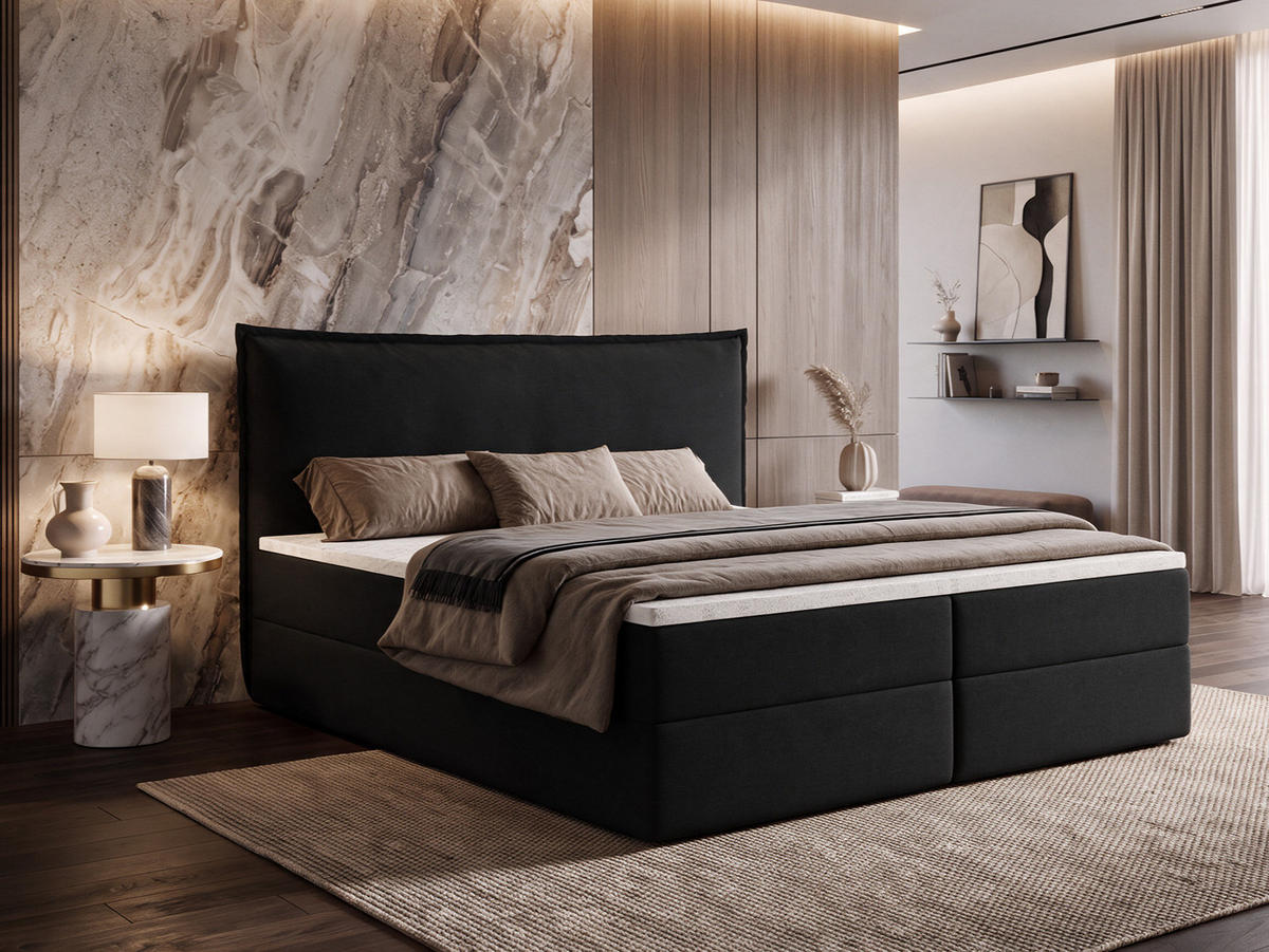 BOXBETT ARENO 200x200 cm Komplett-Set mit Bettkasten, Bonell-Matratze H3 und Topper - Schwarz - Schwarz, Textil (200/200cm) - Luxkor24