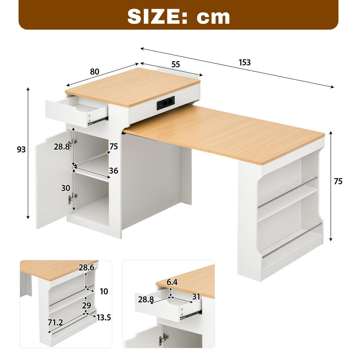 KÜCHENINSEL ausziehbar 55-153/80/93 cm DE-39575 Weiß - Weiß, Holzwerkstoff (80/93/56.2cm) - ComfortXL