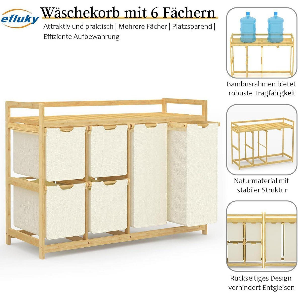 WÄSCHEKORB mit 6 Fächern Bambus Beige - Beige, Naturmaterialien (41.5/77/105cm)