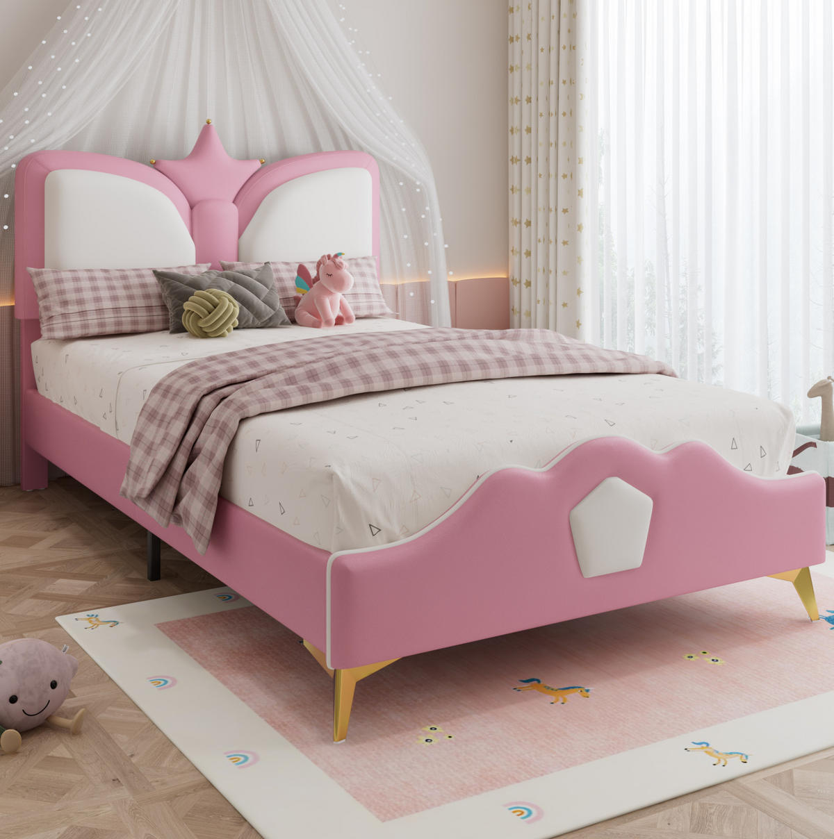 POLSTERBETT 90/200 cm in Rosa/Weiß mit Kronen-Kopfteil und weicher Polsterung - Rosa, Kunststoff (90/200cm) - Flora Grace