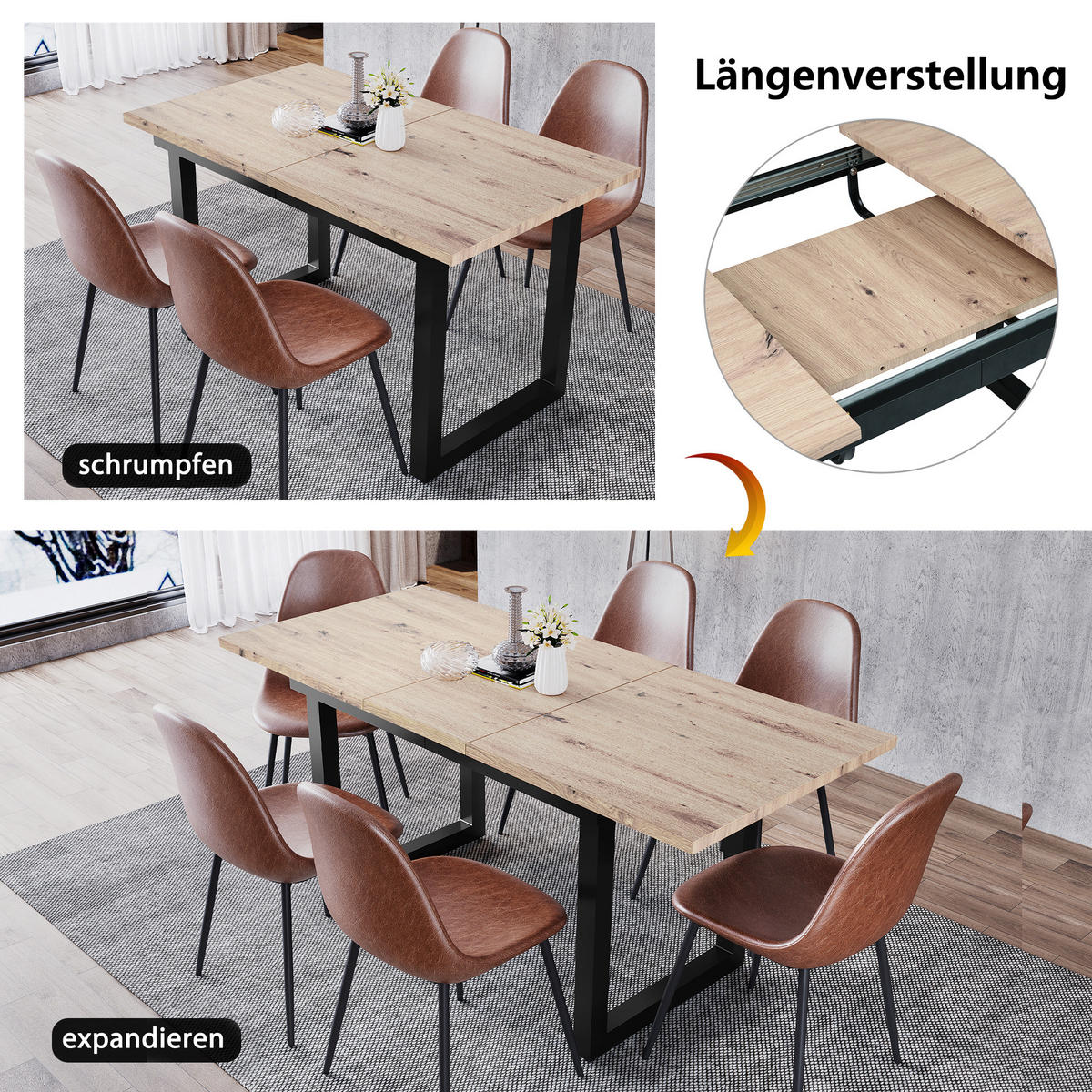 ESSTISCH Erweiterbar Eicheoptik Schwarz Industriestil 140-180x80cm - Naturfarben, Holzwerkstoff (180/80/75cm) - FLIEKS