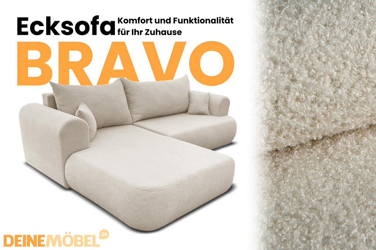 ECKSOFA BRAVO 280/180 in Bouclé Creme links - Creme, Holz/Holzwerkstoff (280/180cm) - Deine Möbel 24