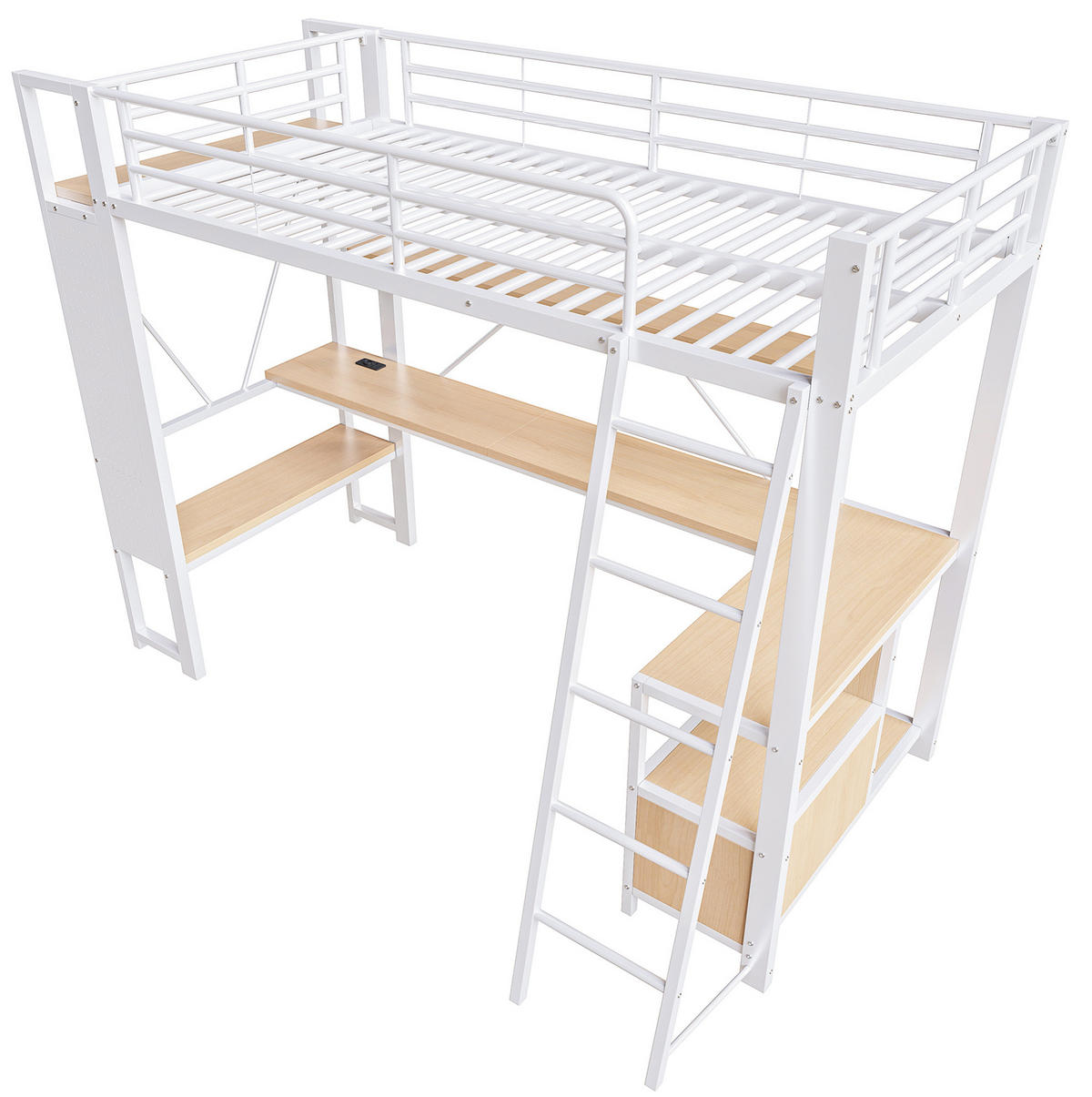 HOCHBETT 90/200 cm aus Metall/MDF mit Schreibtisch, LED-Lichtleiste und Stauraum Weiß - Weiß, Metall (90/200cm) - Modenvie
