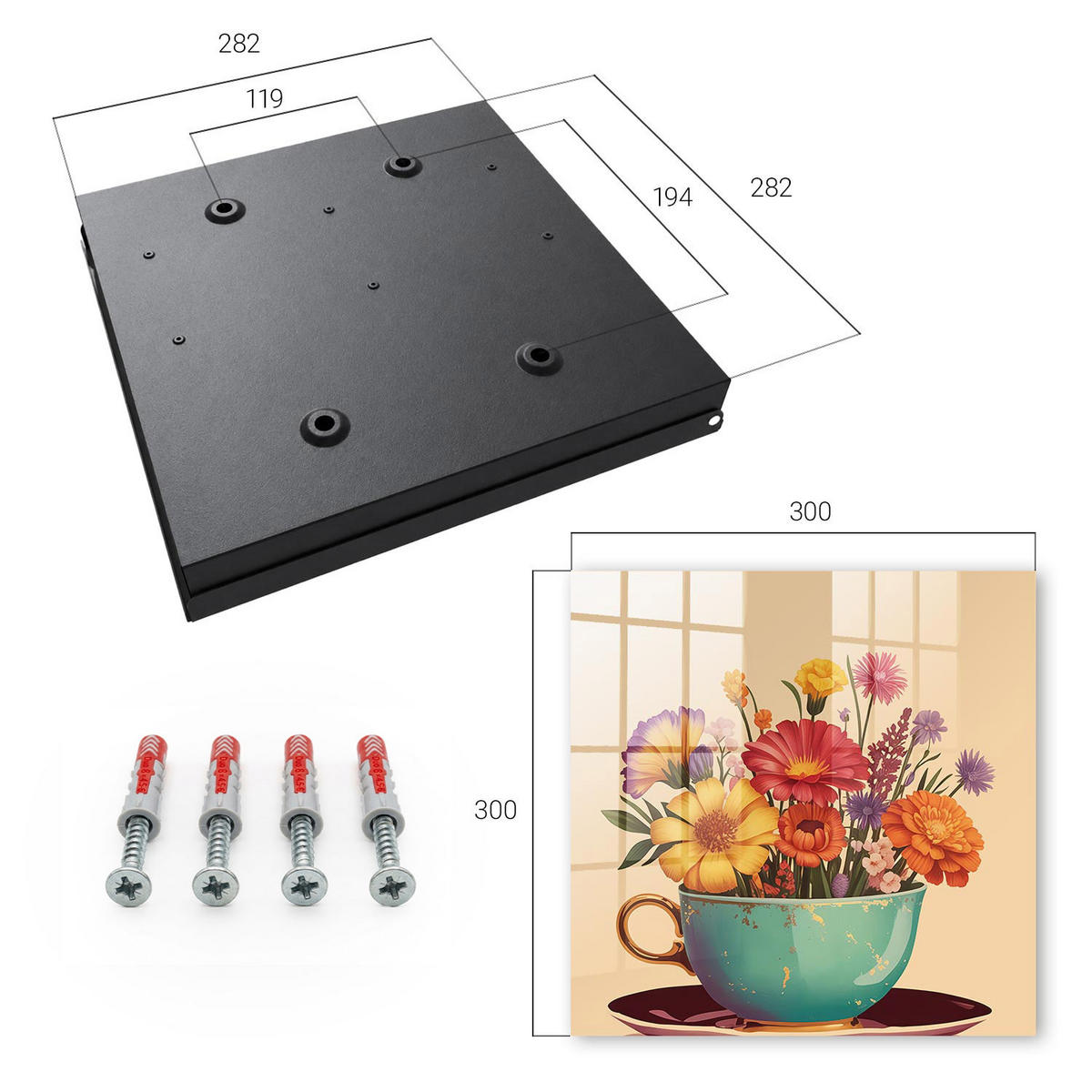SCHLÜSSELBOX Schwarz 30x30 cm- Türöffnung nach rechts - Blumenbecher - Türkis, Metall (30/30/5cm) - TULUP