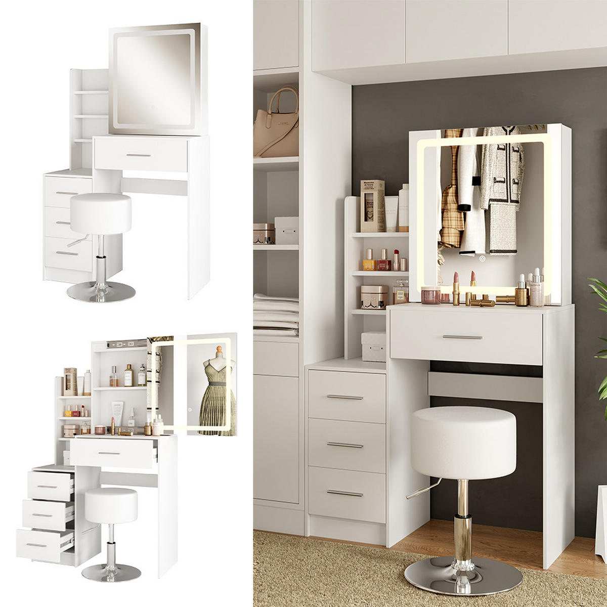 SCHMINKTISCH Lisca Weiß 80 cm mit LED-Spiegel und Hocker - Weiß, Holzwerkstoff (80/131.6/36cm) - Vicco