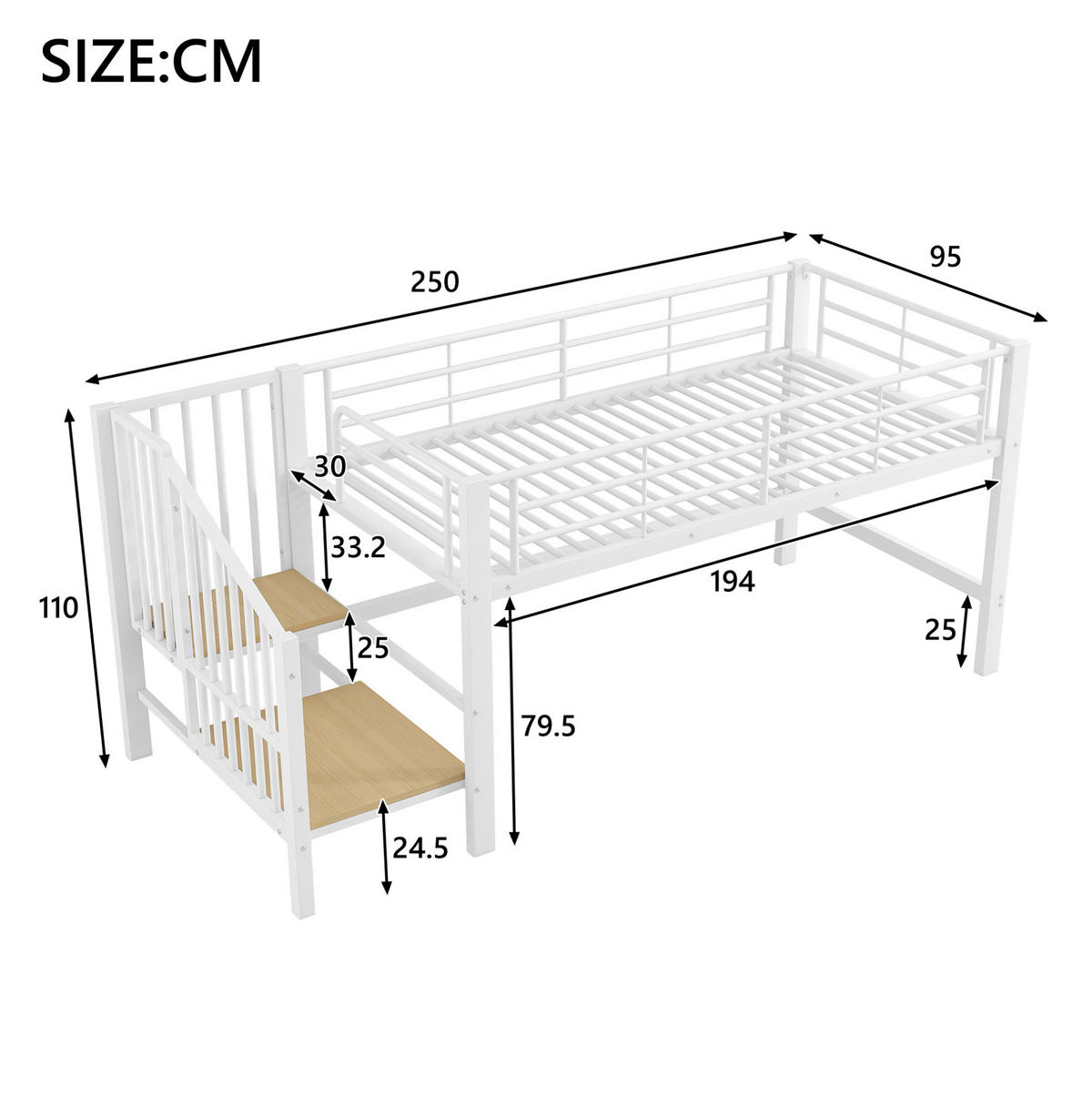 PATROVÁ postel 90/200 cm bílá, polovysoká, s úložnými schody z MDF a kovu - bílá, kompozitní dřevo (90/200cm) - OKWISH