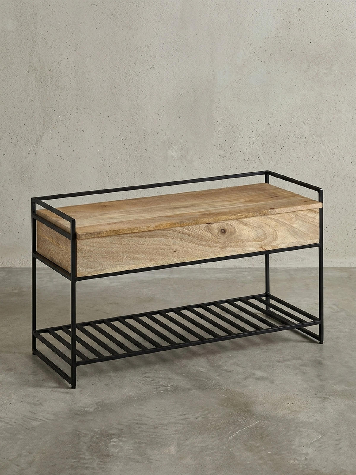 FLURBANK Holz Metall Sitzfläche hochklappbar, Beige 90x38x52 cm - Beige/Schwarz, Holz/Metall (90/52/38cm) - KADIMA DESIGN