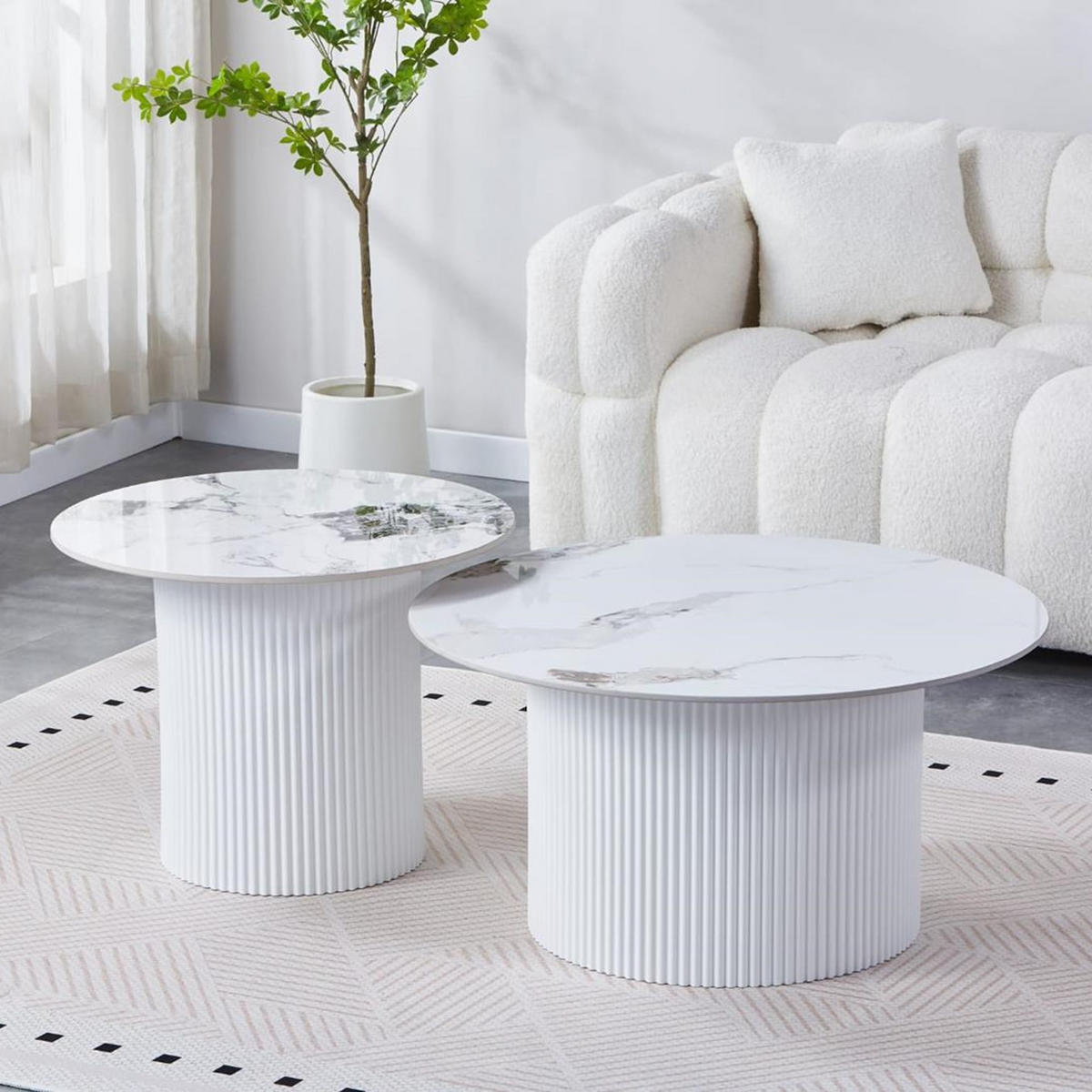 COUCHTISCH-SET Keramik rund 2-tlg. Trommelgestell Weiß 80 & 60 cm - Weiß, Keramik/Metall (80/80/46cm) - HOOZ
