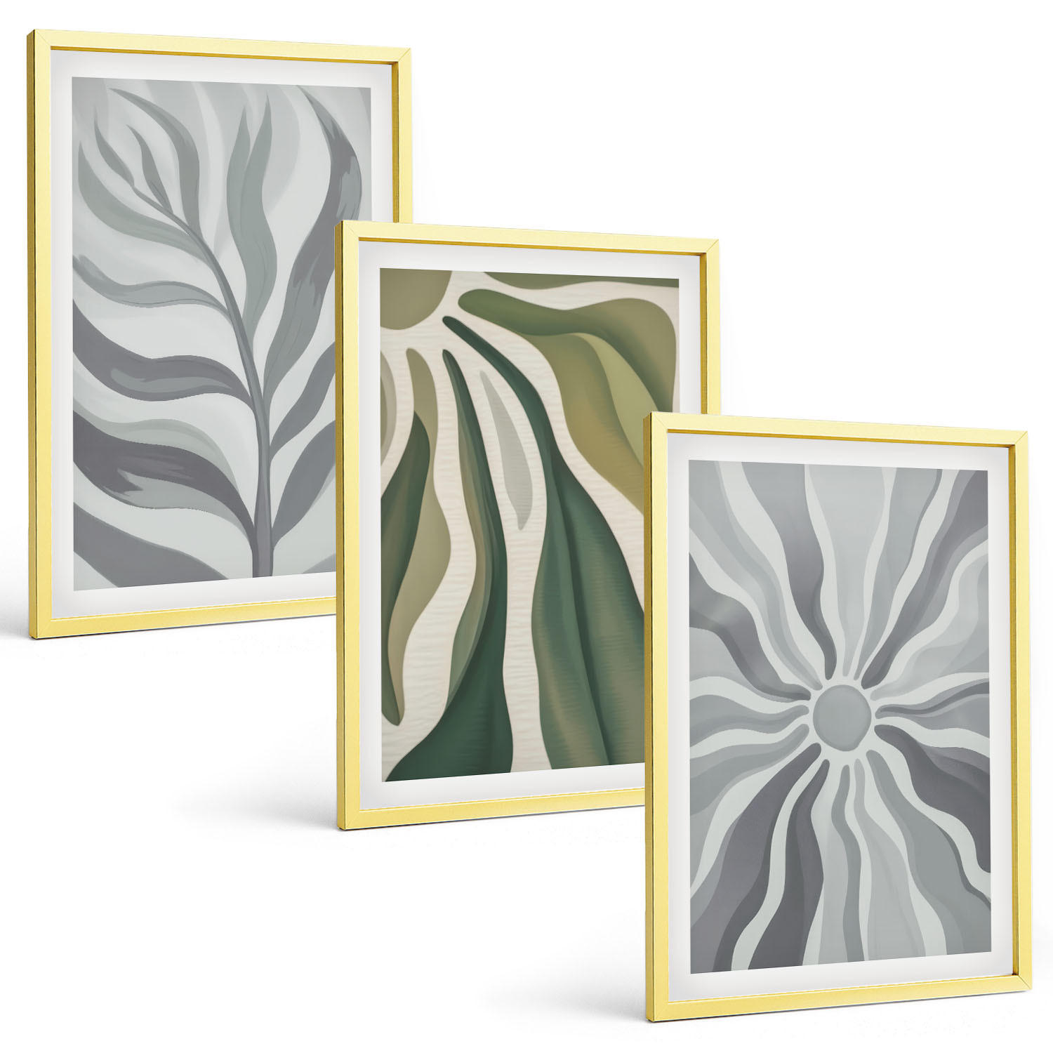 BILDER SET 3er Set - 40x60 cm Goldrahmen - Pflanzenmuster in Grün - Goldfarben, Kunststoff (40/60cm) - TULUP
