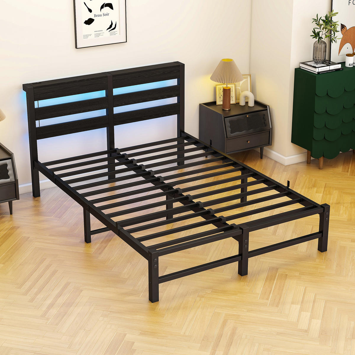 METALLBETT 120x200 cm LED USB Stauraum - Schwarz, Metall (120/200cm) - Fortuna Lai
