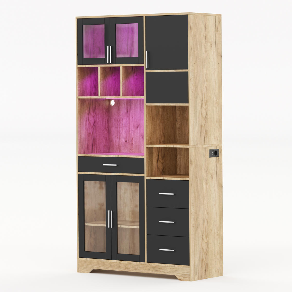 BUFFETSCHRANK 40/100/185 cm schwarz/natur aus MDF mit LED - Schwarz, Holzwerkstoff (100/185/40cm) - OKWISH
