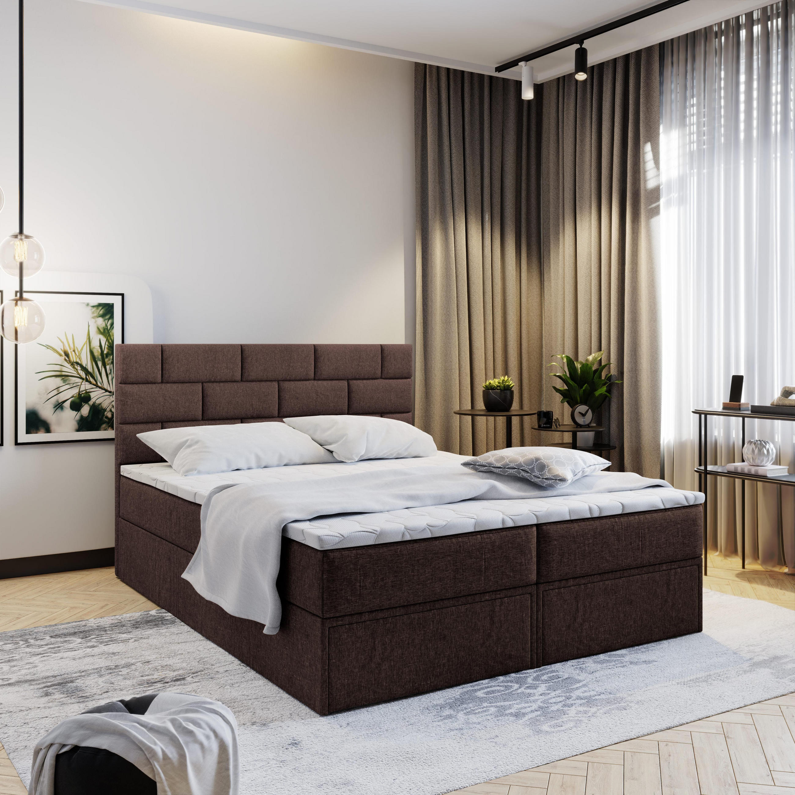 BOXBETT ARINOS 160x200 cm mit Matratze und Topper - Braun - Braun, Holz (160/200cm) - MASSENO