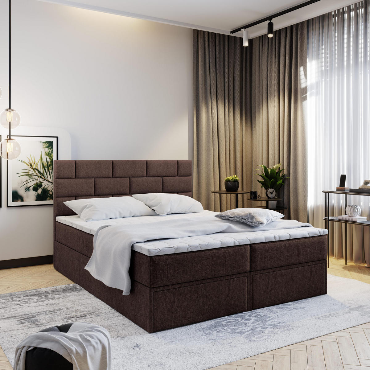 BOXBETT ARINOS 160x200 cm mit Matratze und Topper - Braun - Braun, Holz (160/200cm) - MASSENO