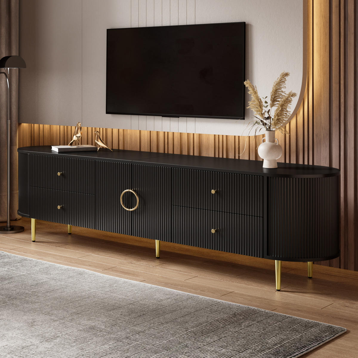 TV-LOWBOARD 180 x 40 x 53 cm aus MDF, Wellenfront, 2 Türen, Schubladen, Metallfüße, Schwarz - Schwarz, Holzwerkstoff (180/53/40cm)