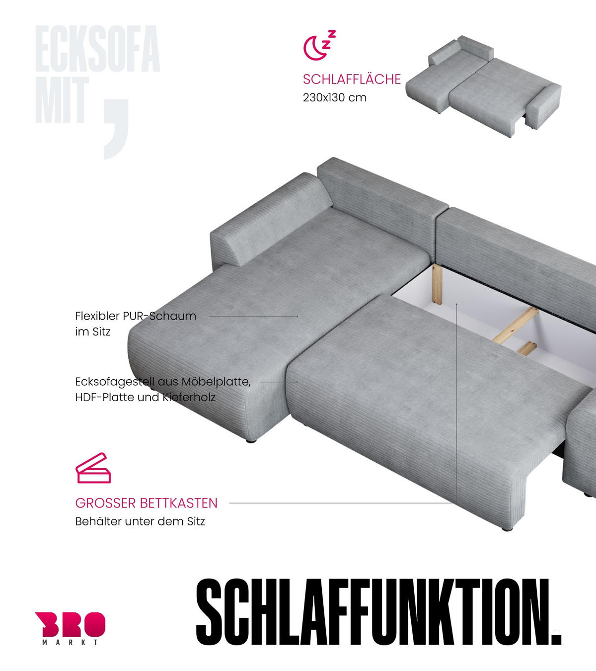 ECKSOFA Romeo mit Schlaffunktion Dunkelgrau - Dunkelgrau, Textil (285/185cm) - Bromarkt