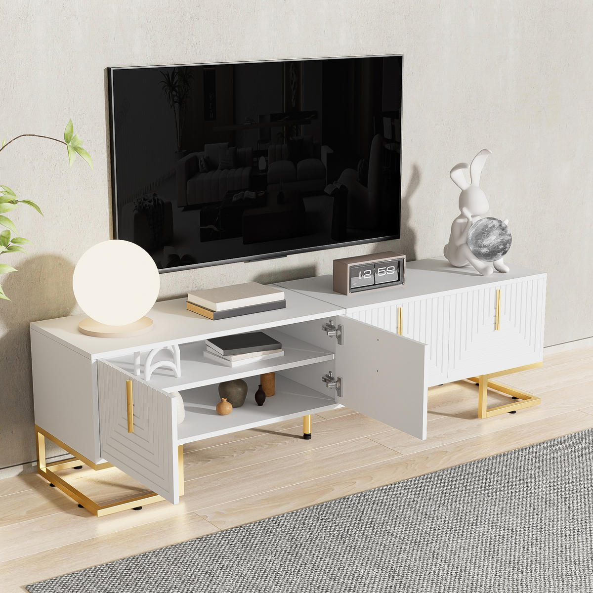 TV-ELEMENT170CM weißLowboard mit strukturierter Tür und goldenen Füßen - Weiß, Holz (52.98/22.99/60.68cm) - Raelunyi