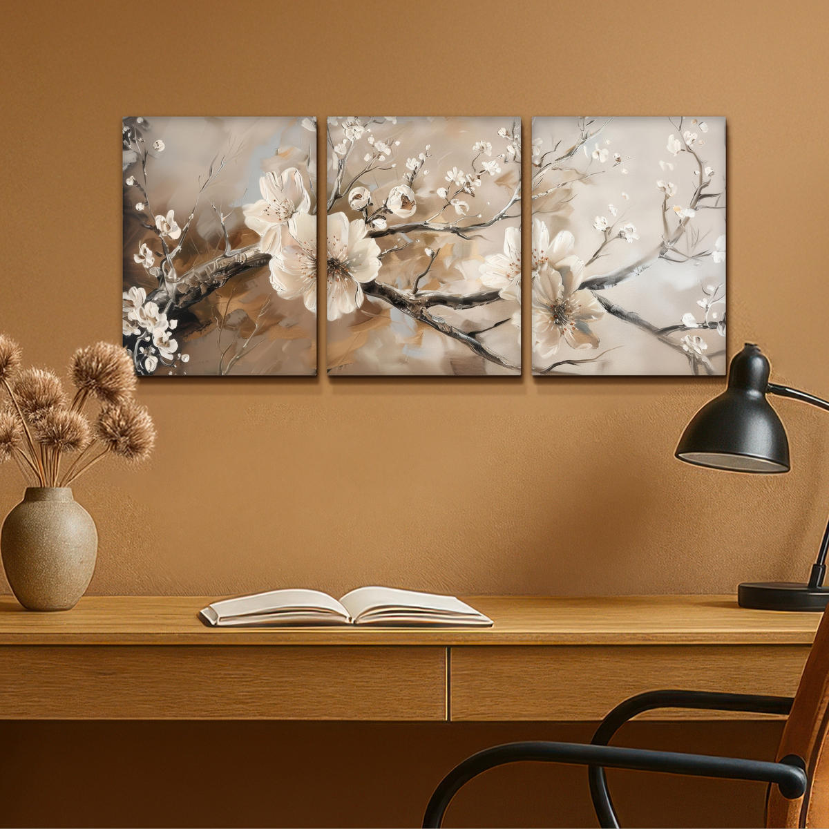 LEINWANDBILD 3er Set Blüte - Beige - Abstrakt - Blumen 90x40 cm - Hellbraun, Textil (90/40cm) - MuchoWow