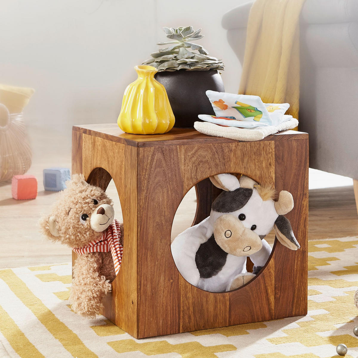BEISTELLTISCH – Massivholz quadratisch Cube Design mit Stauraum handgefertigt - Braun, Holz (35/35/35cm) - KADIMA DESIGN