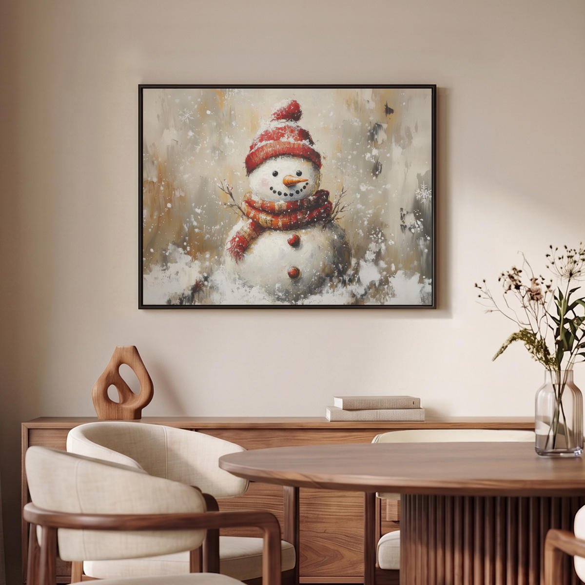LEINWAND Bilder mit Rahmen - Schneemann - Winter - Schnee - Beige - 70x50 - Weiß, Textil (70/50cm) - MuchoWow