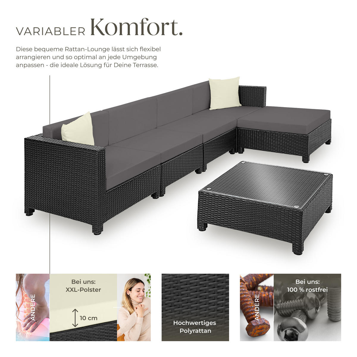 RATTANLOUNGE , mit Sicherheitsglasplatte, schwarz - Schwarz, Kunststoff - tectake