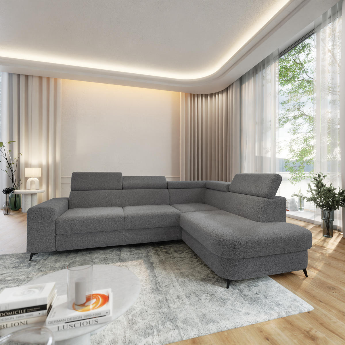 ECKSOFA ALVORO R-S Grau Boucle-Stoff mit Schlaffunktion - Grau, Holz (253/190cm) - MASSENO