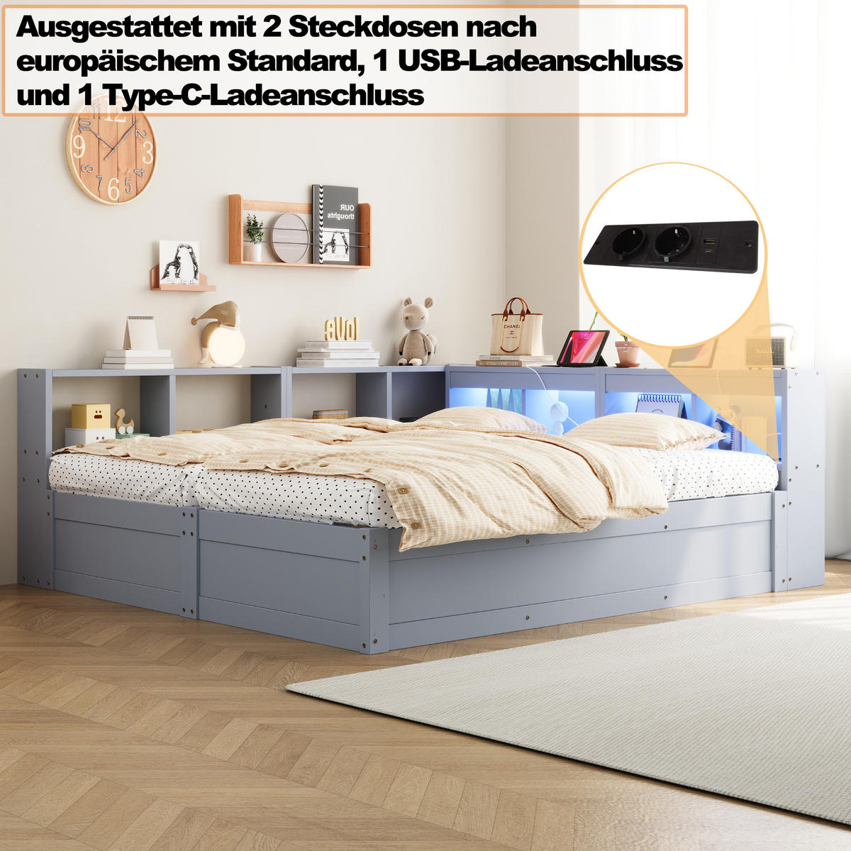 SCHLAFSOFA 90x200cm LED Stauraum Steckdose Holzbett Grau - Grau, Holzwerkstoff (180/200cm) - FLIEKS