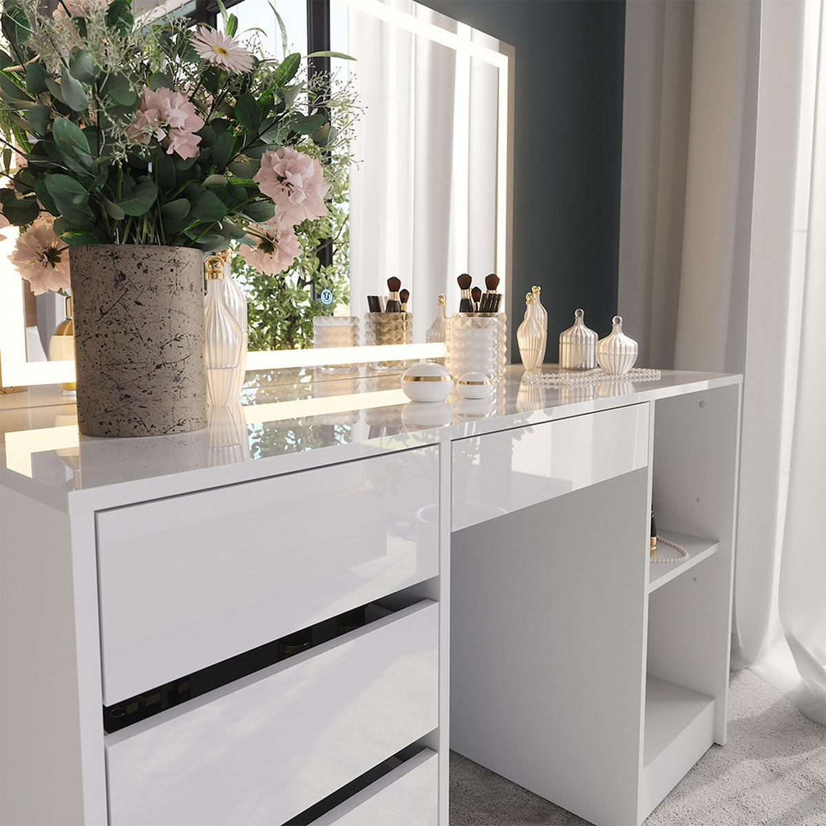 SCHMINKTISCH Sherry Weiß/Weiß Hochglanz 128.2 cm mit LED-Spiegel - Weiß Hochglanz, Holzwerkstoff (128.2/76/50.1cm) - Vicco