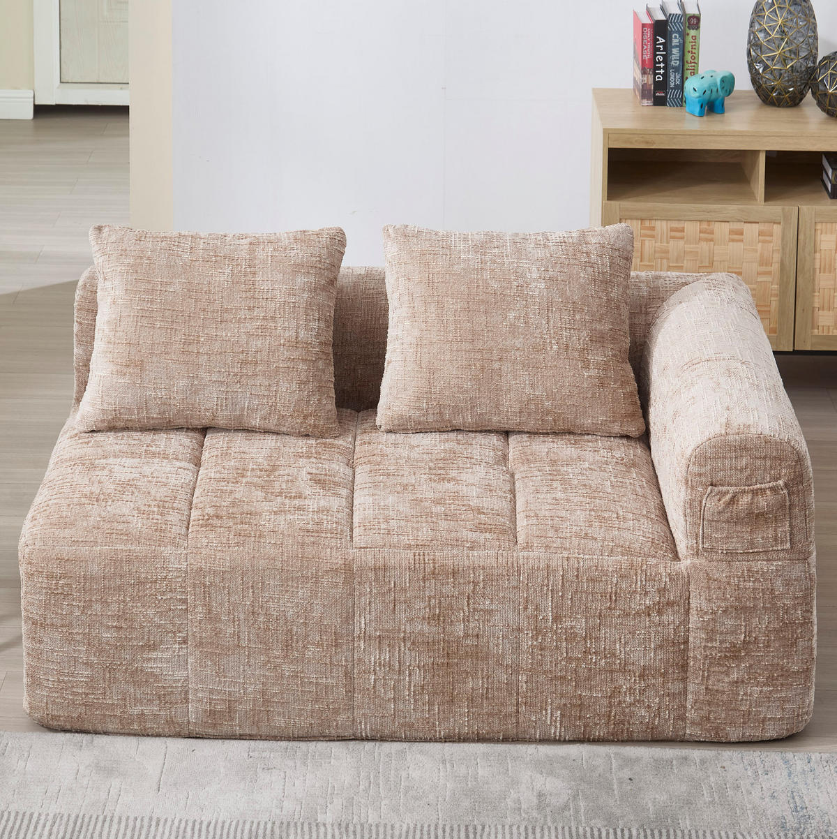SOFA Chenille mit Chaiselongue und Seitentaschen 158/90/60 cm Sandfarben - Sandfarben, Textil (60/158/90cm) - Redom