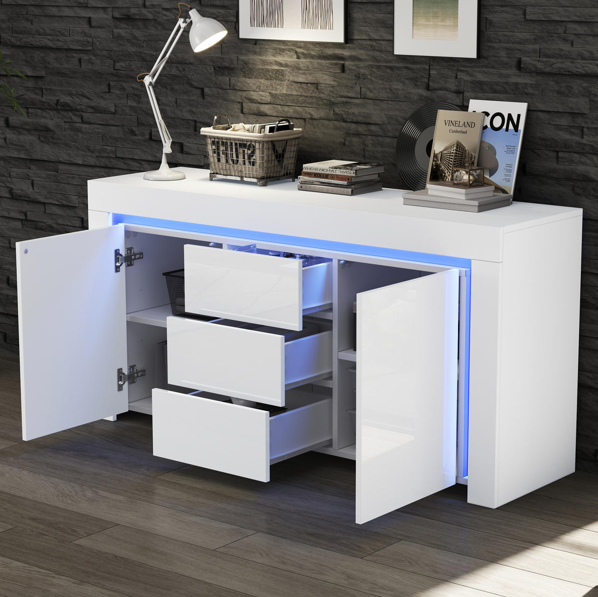 SIDEBOARD 140/40/65 cm mit LED-Beleuchtung, 2 Türen, 3 Schubladen und Hochglanzfront aus MDF, Weiß - Weiß, Holzwerkstoff (140/65/40cm) - Redom
