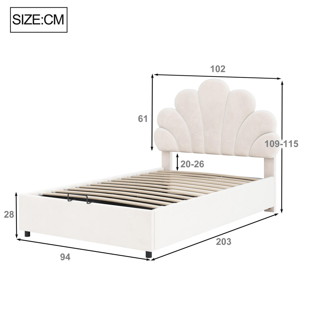 KINDEREINZELBETTEN aus Samt 90x200 cm in Beige mit hydraulischem Stauraum - Beige, Textil (90/200cm) - Modfu