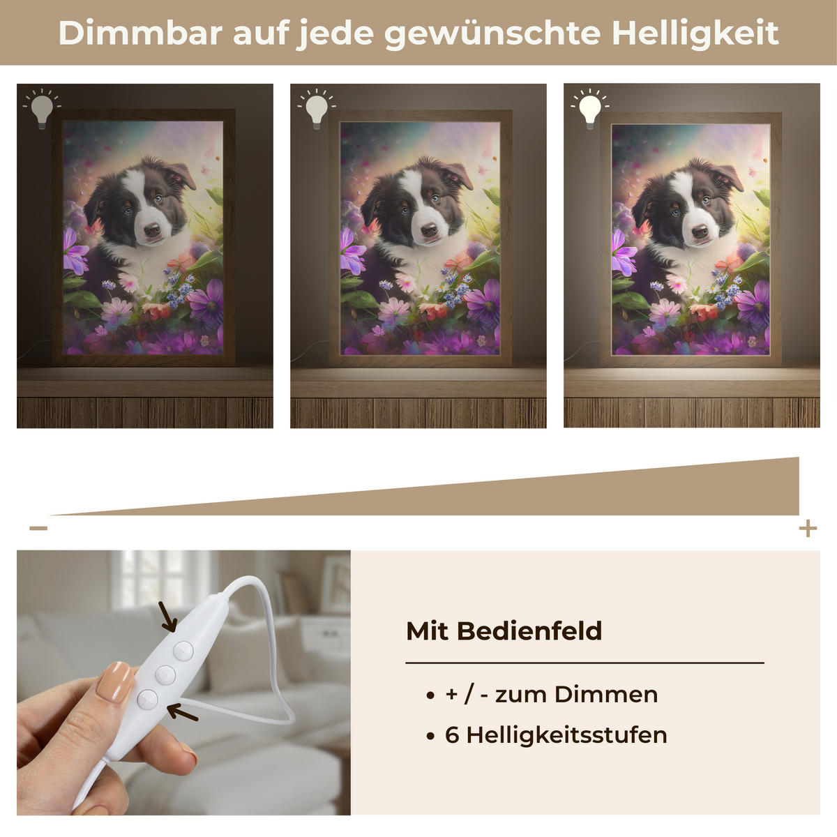 NÁSTĚNNÁ LAMPA Štěně - Slunce - Květiny - Příroda - Border kolie - Pes 20x30 cm - fialová, kompozitní dřevo (20/30/8cm) - OnlyWow