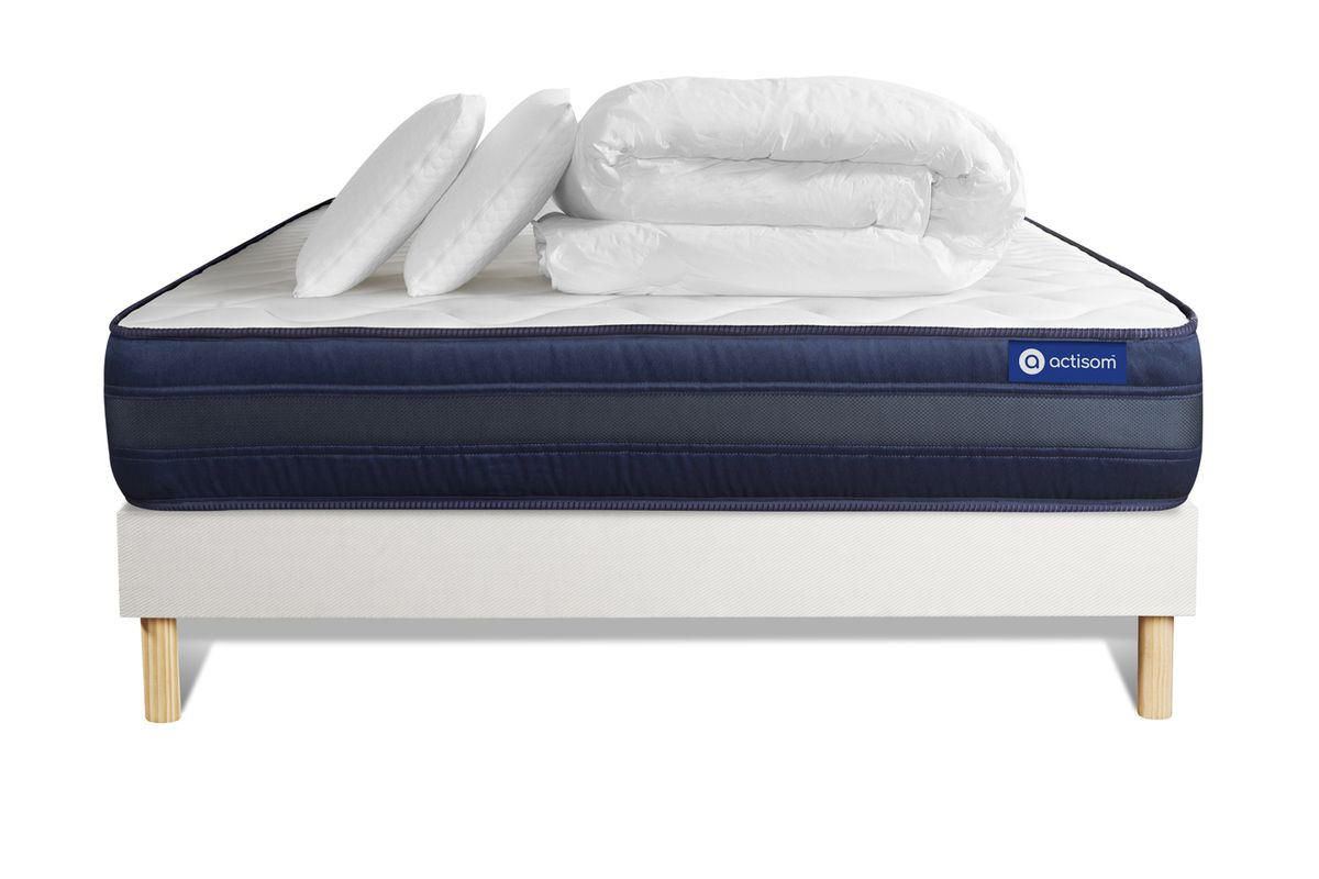 BETT Actimemo tech Memory-Schaum 140 x 190 cm h4 - Kit Bettgestell Weiß - Mit Kissen und Bettdecke - Beige/Weiß, Karton/Holz (140/190cm) - ACTISOM