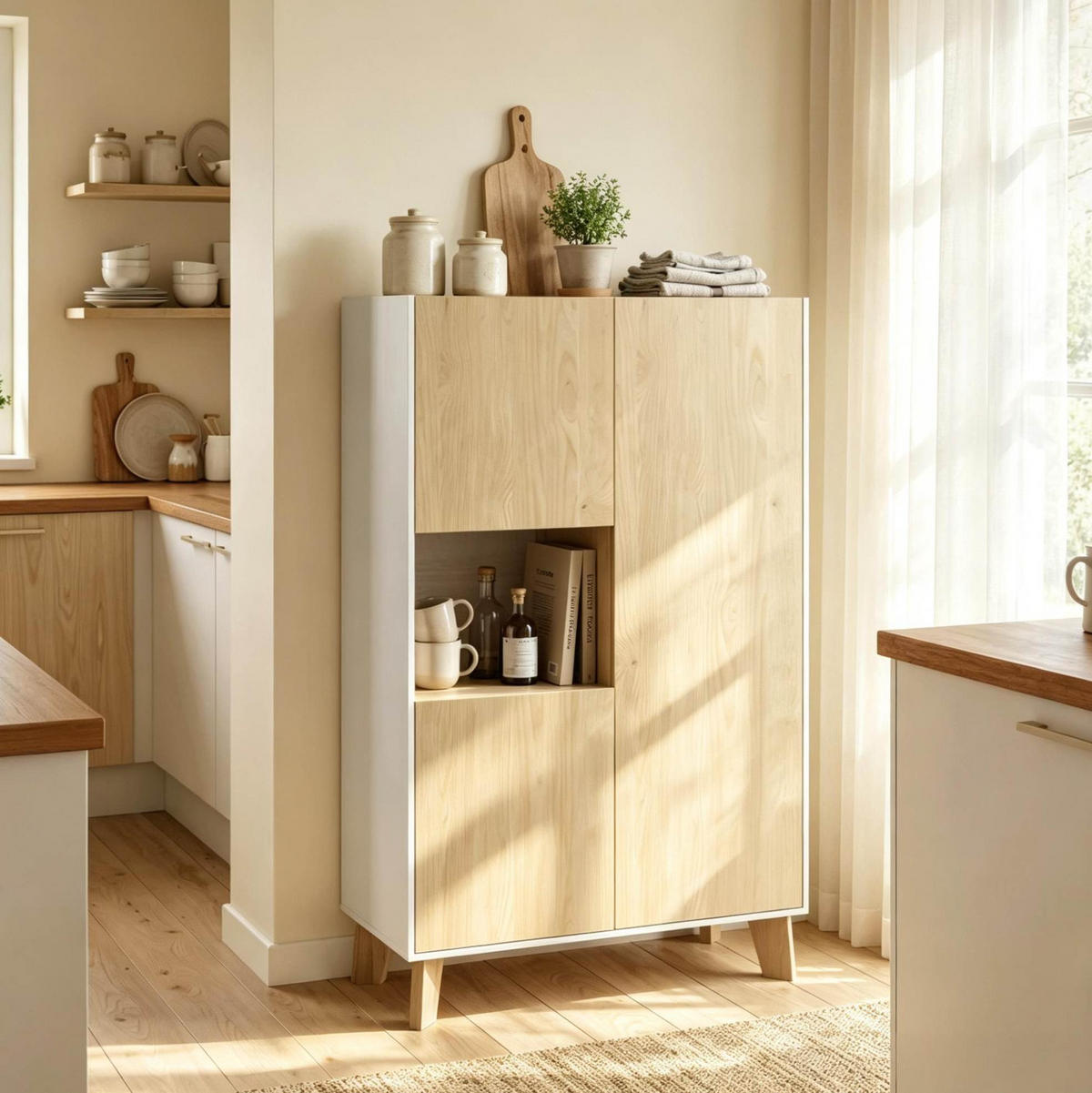 SIDEBOARD aus MDF und Spanplatte 80x40x135 cm Weiß/Eiche hell mit 5 Fächern - Weiß, Holzwerkstoff (80/135/40cm) - IVMEU