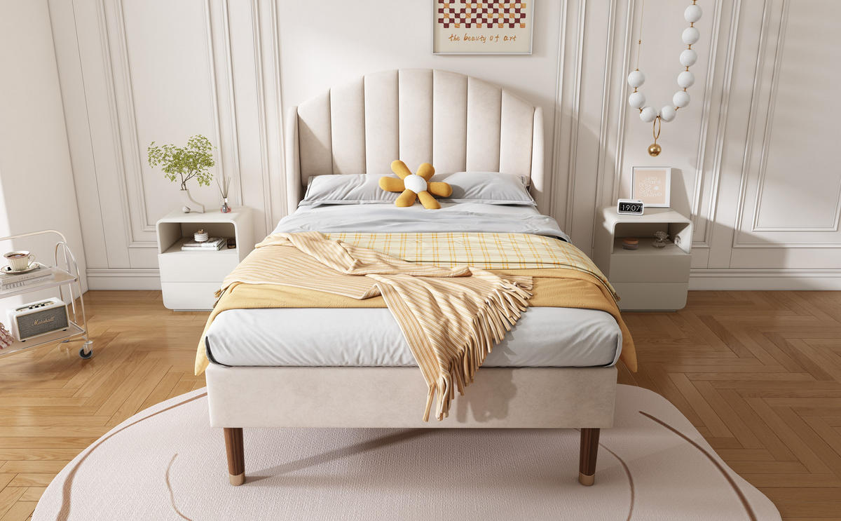 POLSTERBETT 90/200 cm in Beige Samt mit Lattenrost und Kopfteil - Beige/Naturfarben, Holzwerkstoff/Textil (90/200cm) - STILVORA