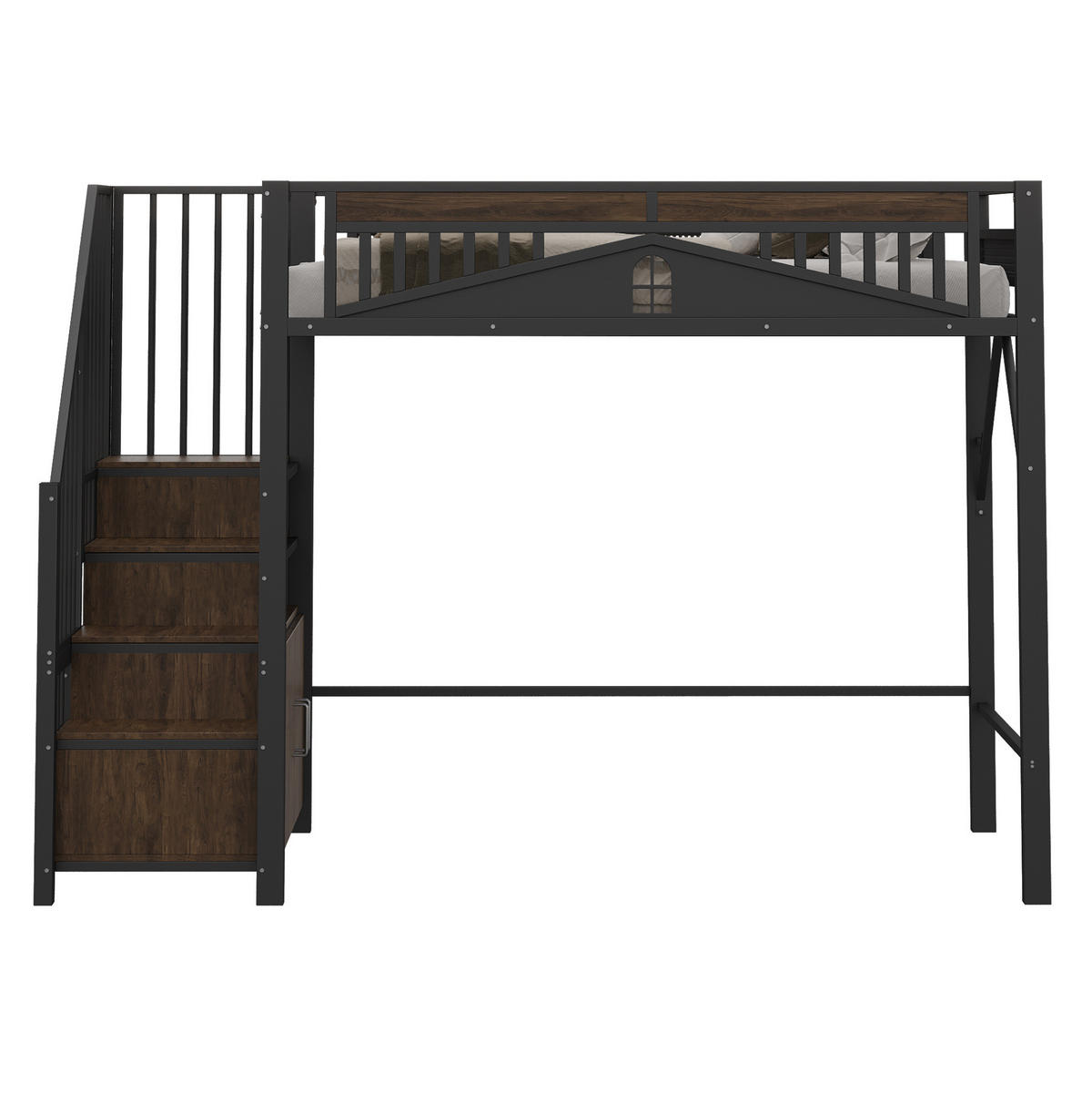 HOCHBETT 90/200 cm aus Metall/Holz mit Stauraumtreppe und Fensterzaun Schwarz - Schwarz, Metall (90/200cm) - Modenvie