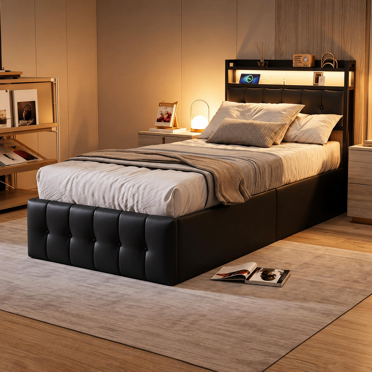POLSTERBETT 90/200 cm,Einzelbett Schwarz aus Kunstleder，mit LED-Beleuchtung&USB-Ladefunktion - Schwarz/Naturfarben, Holz/Metall (90/200cm) - FURNISHINGS HOME