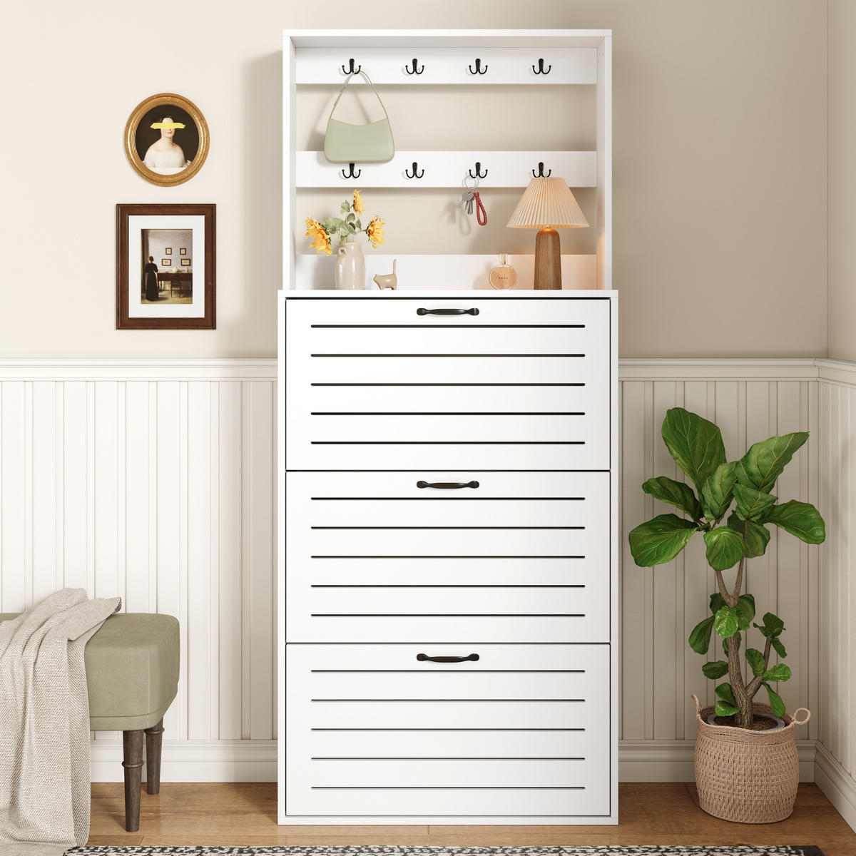 SCHUHSCHRANK 3 Türen Haken Stauraum - Weiß, Holzwerkstoff (70/163/25cm) - Fortuna Lai