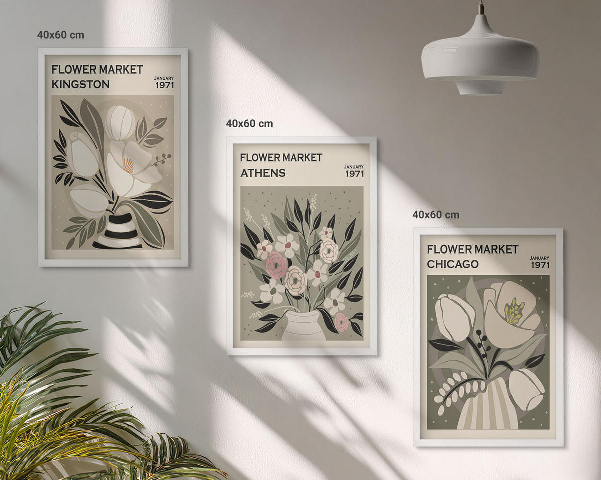 BILDER SET 3er Set - 40x60 cm Weißer Rahmen - Retro-Blumenarrangements - Weiß, Kunststoff (40/60cm) - TULUP