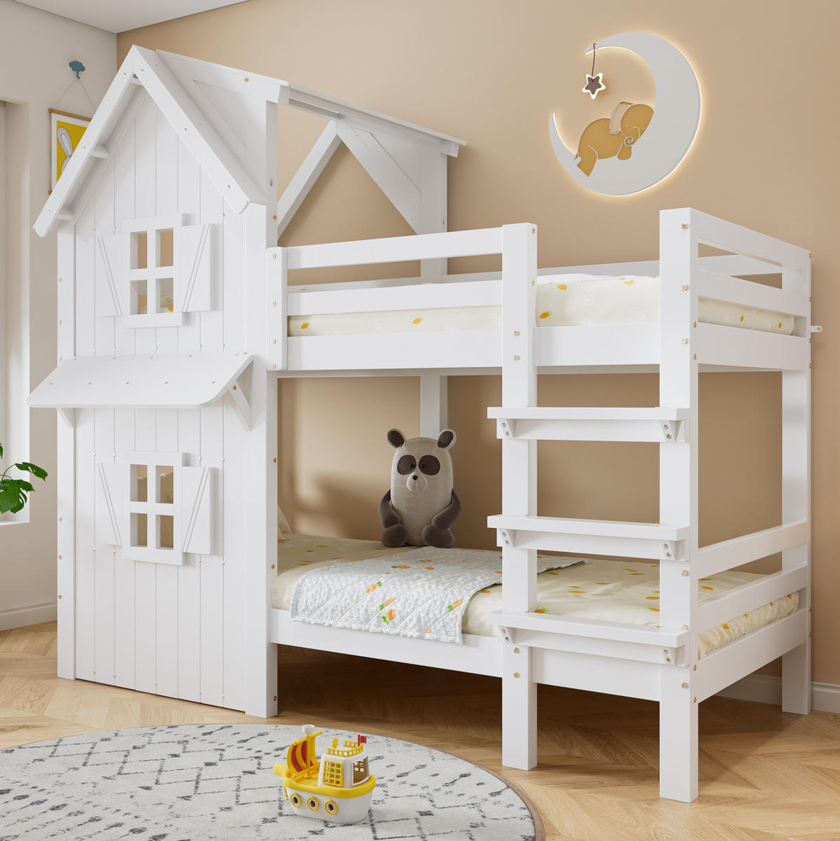 ETAGENBETT 90/200 cm, Weiß mit Dach, Fenstern und Sicherheitsgeländer - Weiß, Holzwerkstoff (90/200cm) - MIVRAY